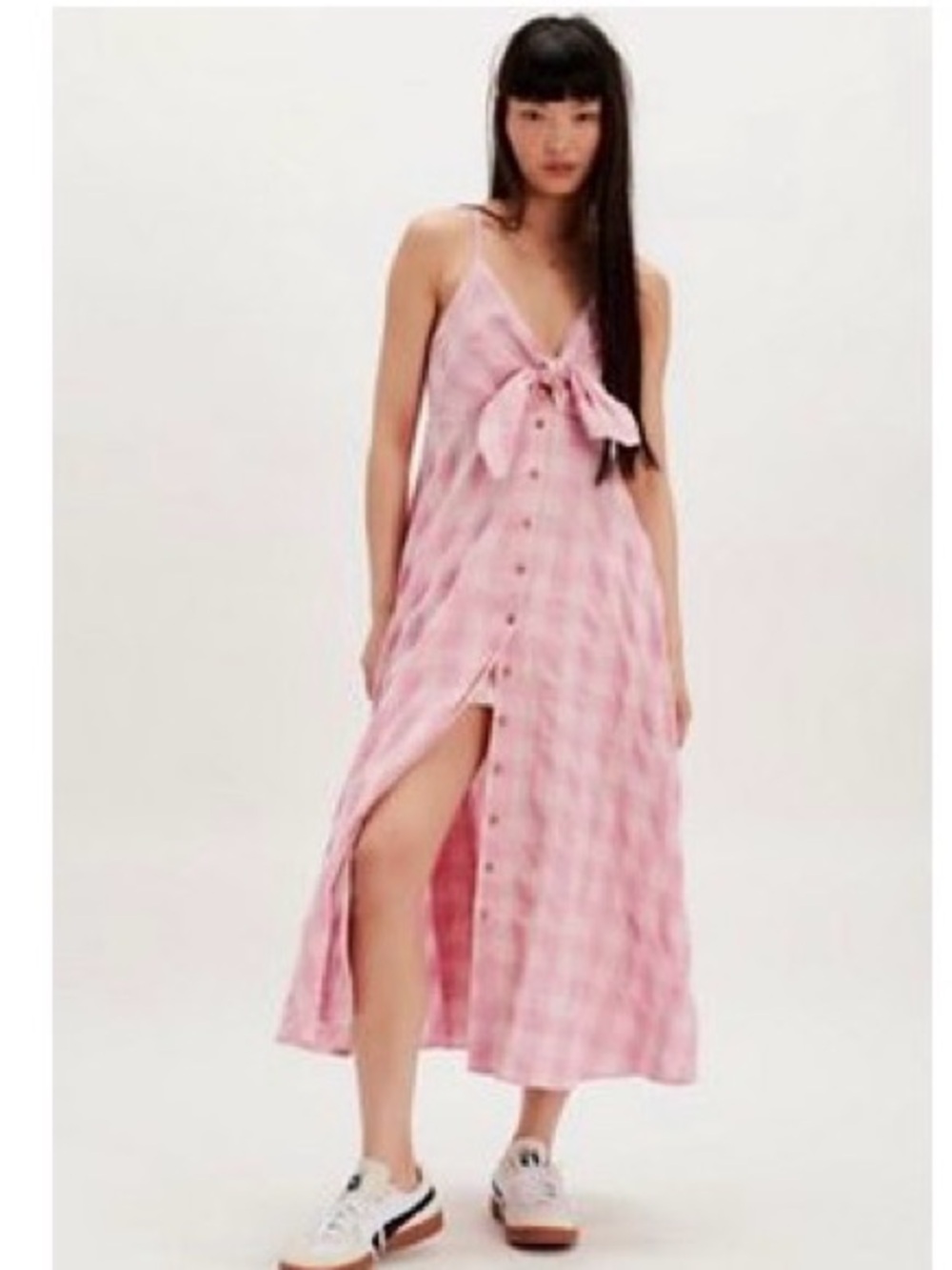 Free People Pink Plaid Tie-Front Maxi Dress